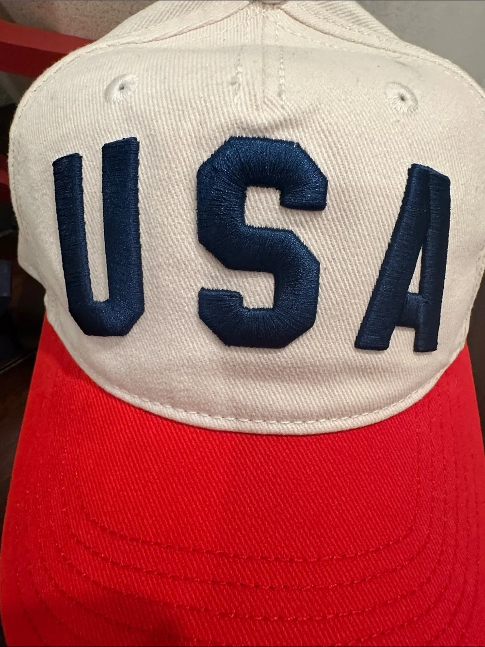 MAD Engine USA Embroidered Cap - Cream Crown, Red Brim, Navy Letters